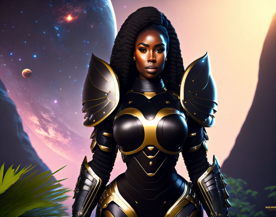 Dark-skinned female warrior in black and gold armor on fantasy space background