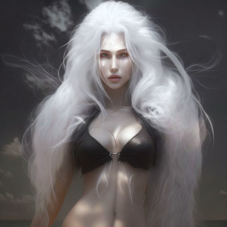 Fantasy portrait of woman with long white hair and piercing eyes in black top