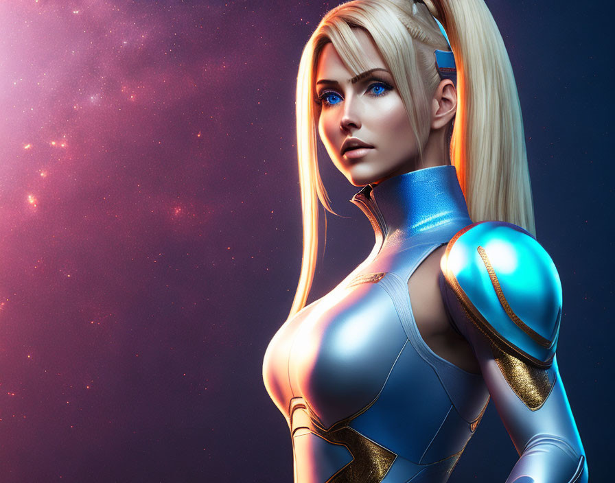 Blonde-Haired Female Character in Blue Futuristic Armor on Starry Background