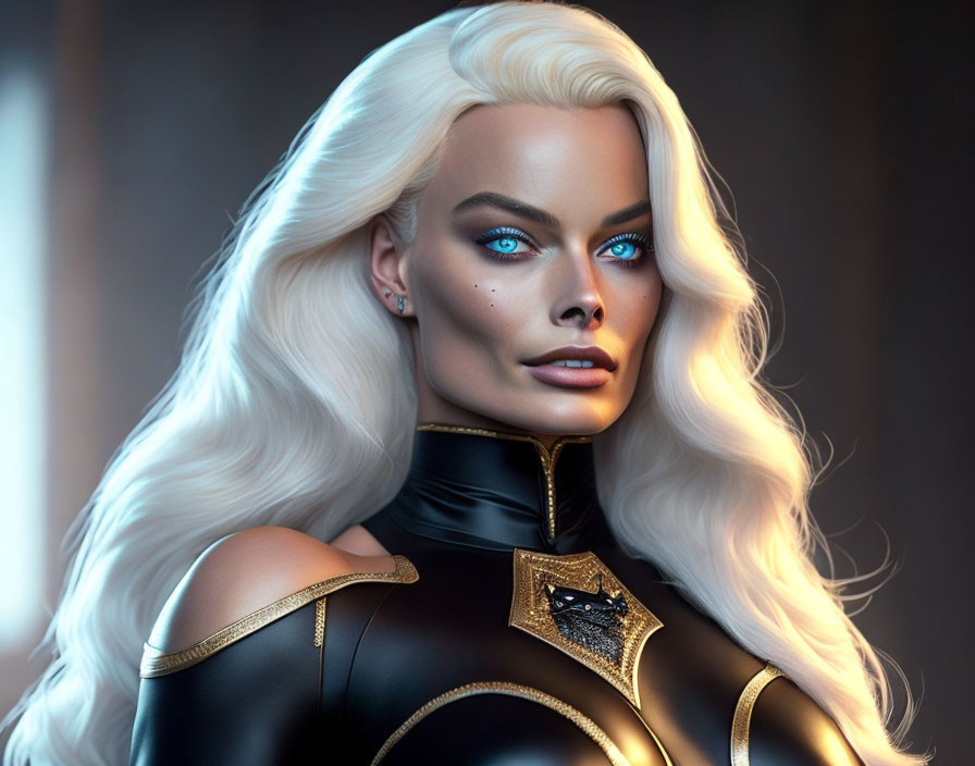 Digital Artwork: Woman with Platinum Blonde Hair and Striking Blue Eyes in Black and Gold Costume