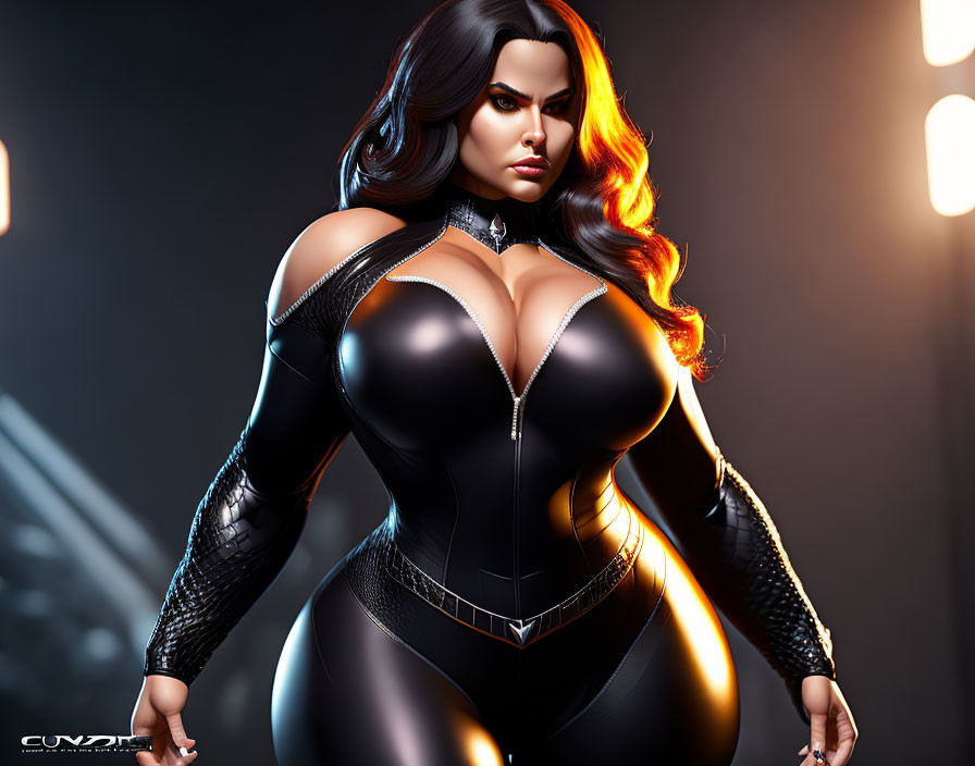 Stylized illustration of woman with hourglass figure in black outfit