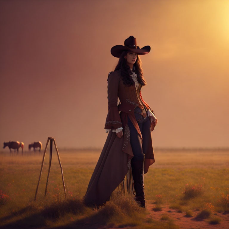 Cowboy Hat Woman in Western Attire with Horses and Campfire