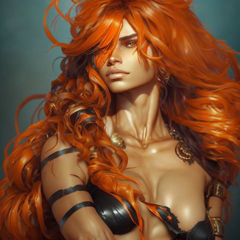 Digital artwork featuring fierce female character with fiery orange hair and golden arm accessories