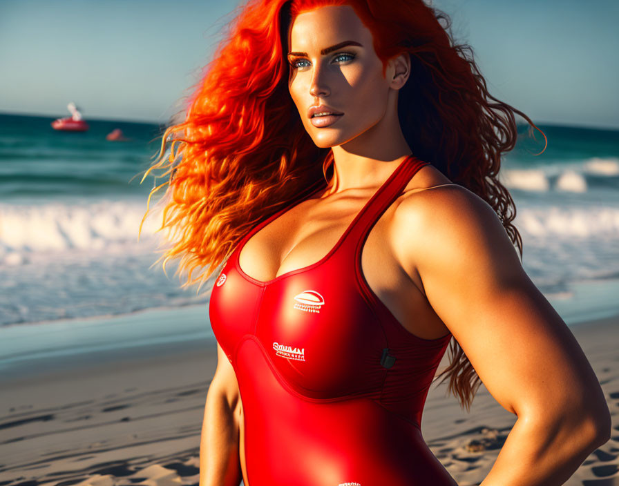 Red-haired woman in red swimsuit on sunny beach with jet ski and waves