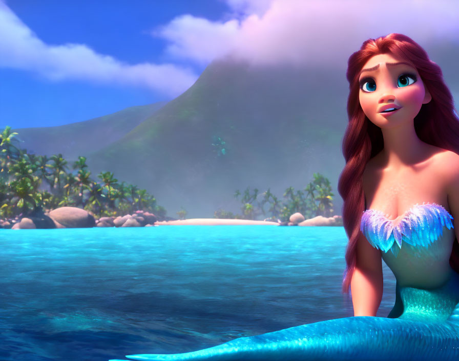 Red-haired animated mermaid by the sea with blue tail and island view