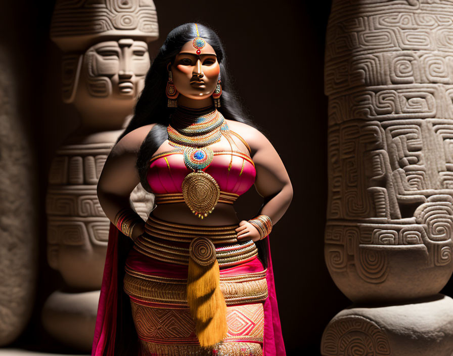 Colorful Traditional Indian Woman Figurine with Jewelry in Front of Stone Carvings