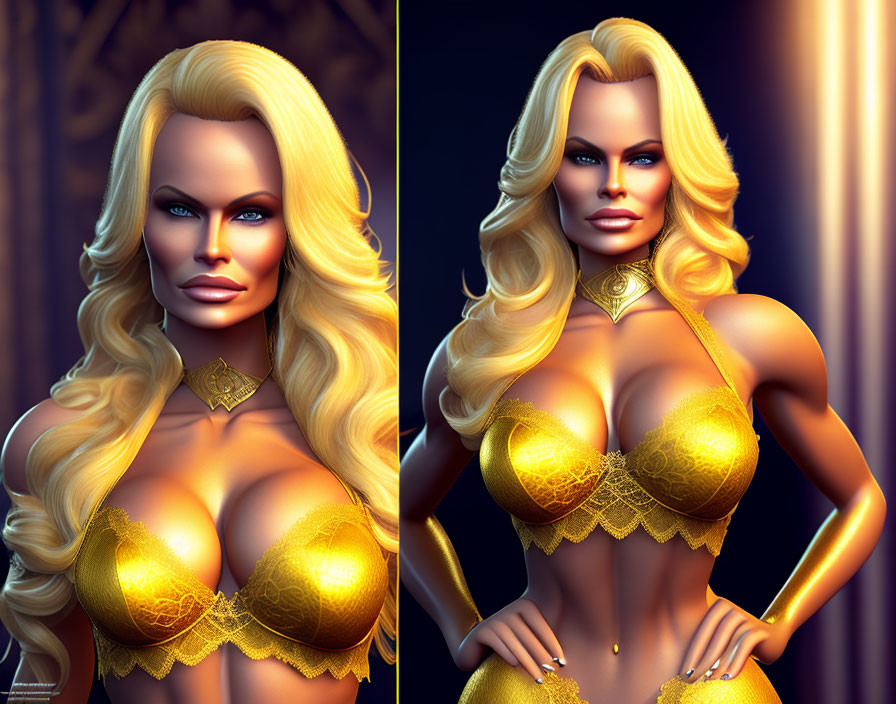 3D-rendered woman in gold lingerie with intricate details