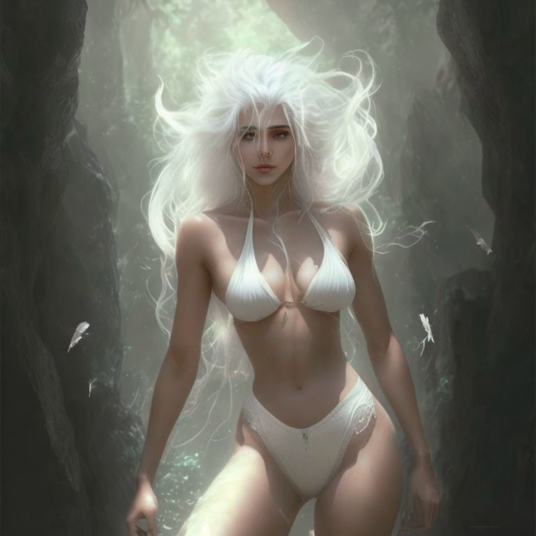 Fantasy illustration of woman with white hair in misty forest with white butterflies