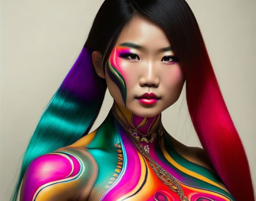 Woman with vibrant body art blending into multicolored hair