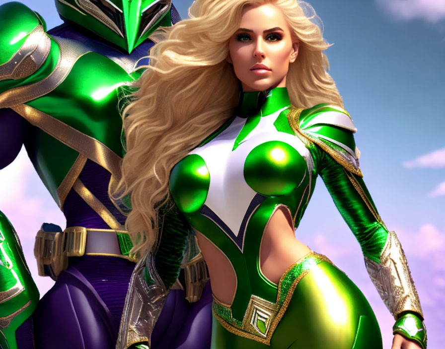 Futuristic green and white armor characters in digital artwork