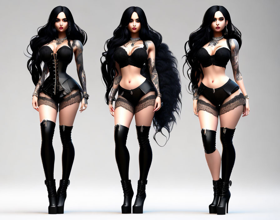 Three poses of a 3D-animated female character in black lingerie, thigh-high boots, and