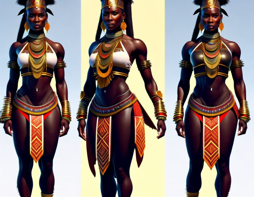 Digital Artwork: Woman in African-Inspired Attire, 3 Poses