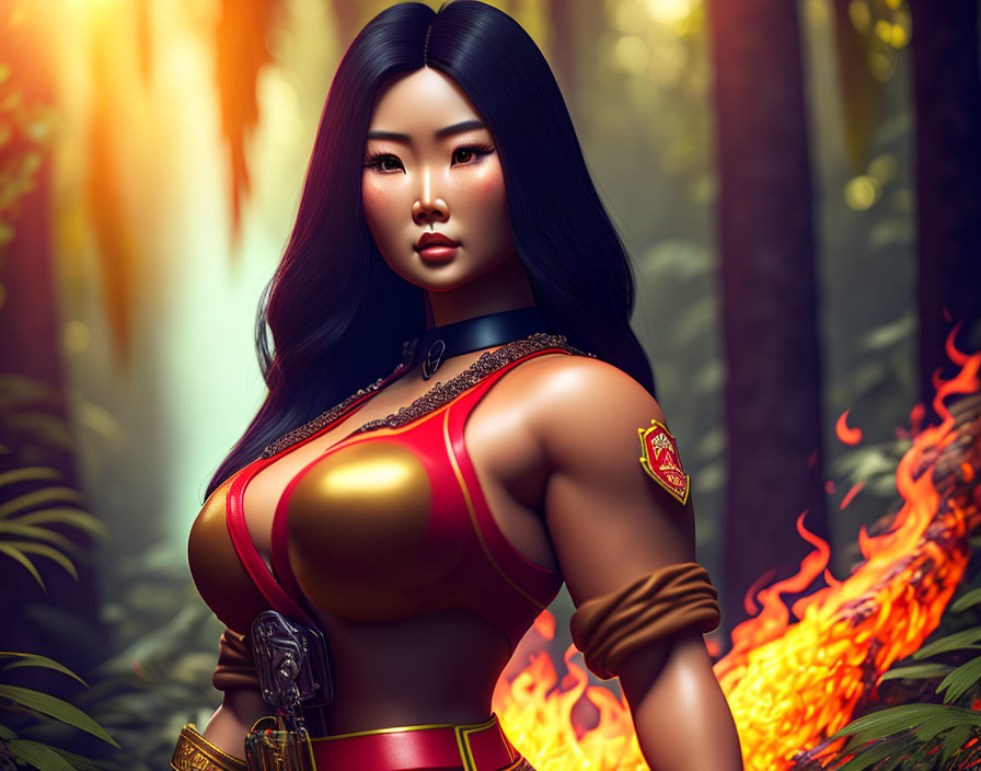 Stylized digital illustration of Asian woman in red and gold costume in forest with flames