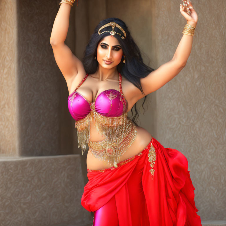 Woman in vibrant belly dance attire with red skirt and purple bra poses gracefully.