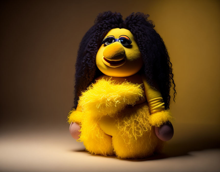 Blue-eyed plush toy with black hair and yellow body on tan background