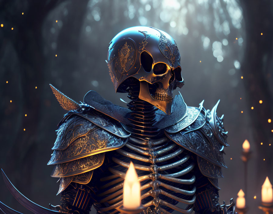 Detailed Armor Skeleton Warrior Amid Glowing Candles