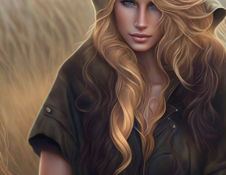 Blonde Woman with Blue Eyes in Brown Jacket Illustration