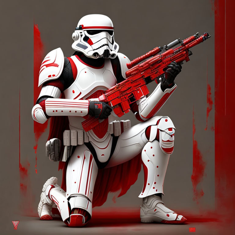 Digital Stormtrooper Artwork: White and Red Armor, Red Accents, Grey Background