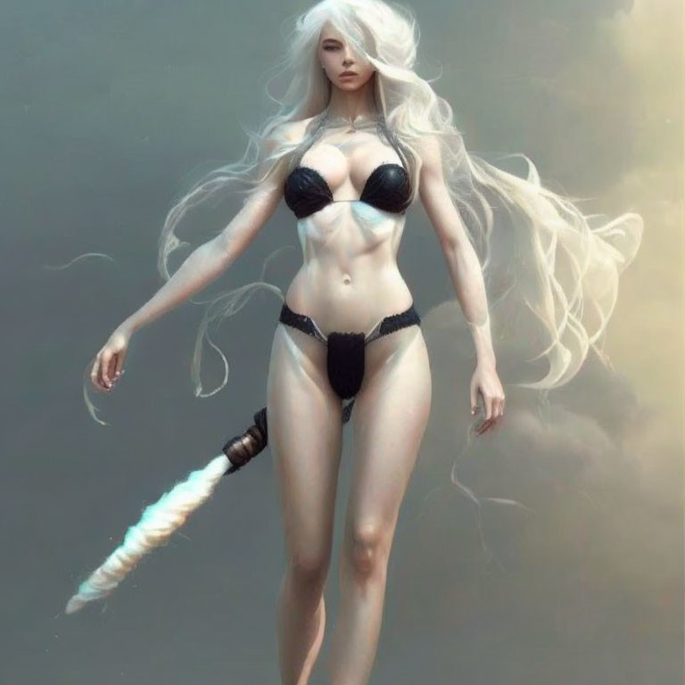 Fantasy female character with white hair and glowing staff in black lingerie