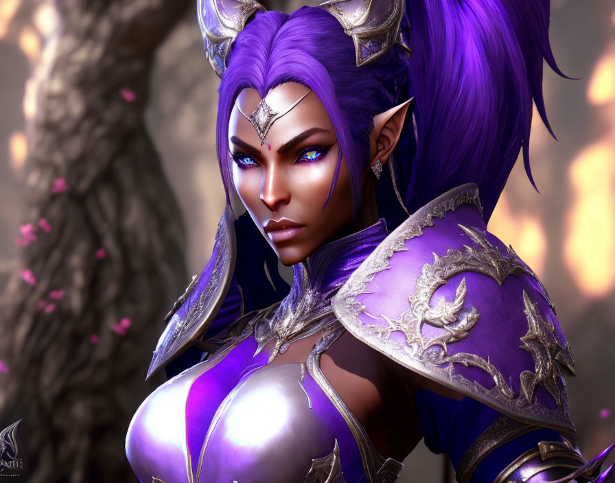 Fantasy digital art: Purple-skinned female character in ornate armor