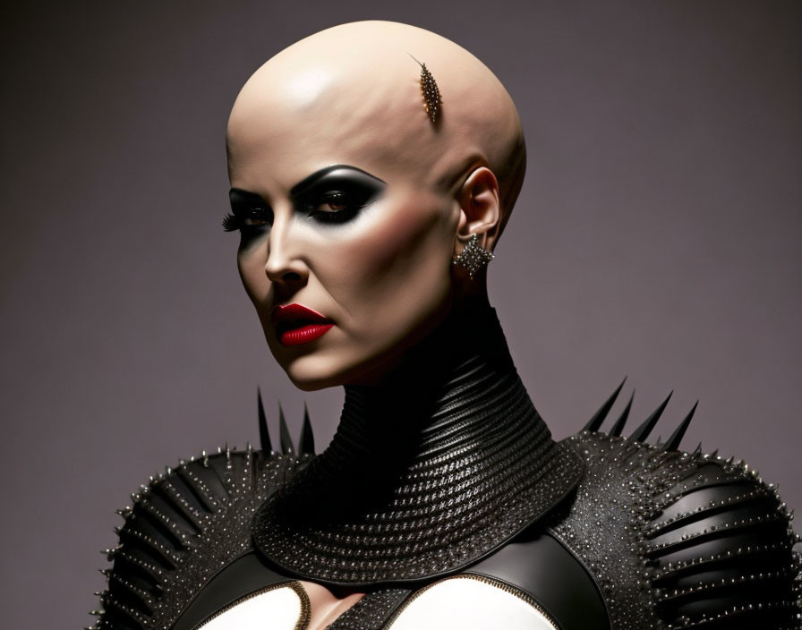 Bald individual with dramatic makeup and spiked attire on grey background