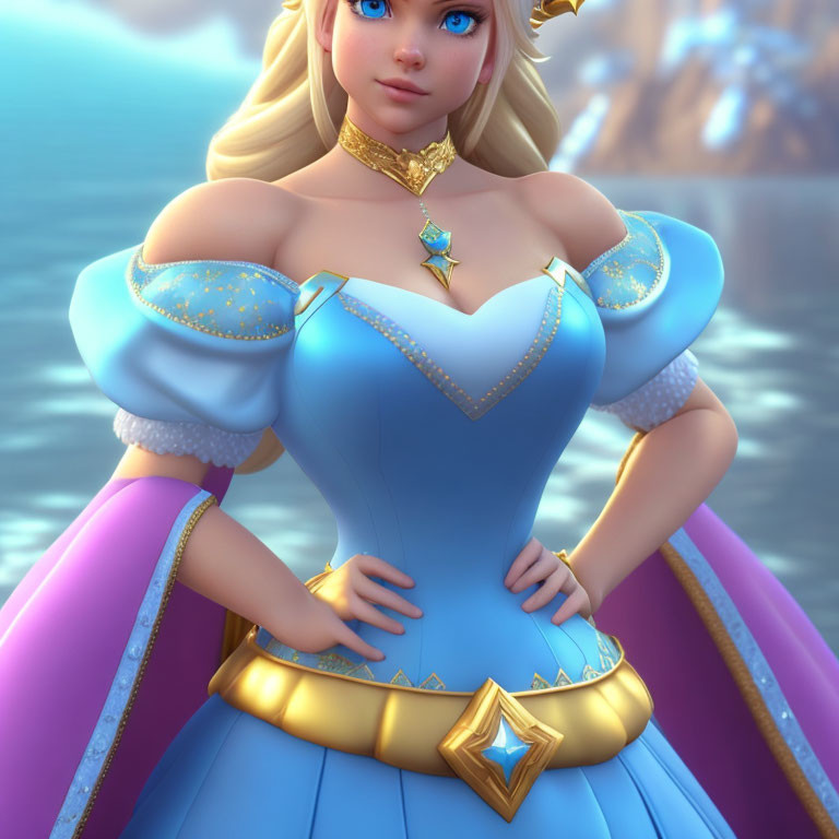 Blonde princess in blue and gold dress with star necklace