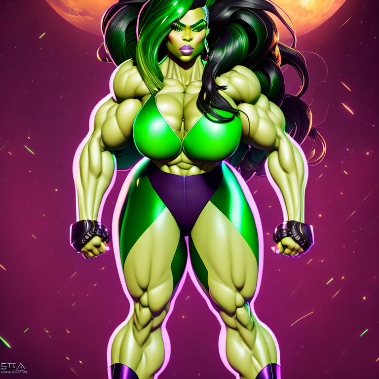 Muscular Green-Skinned Female Superhero in Green and Purple Suit poses against Cosmic Backdrop