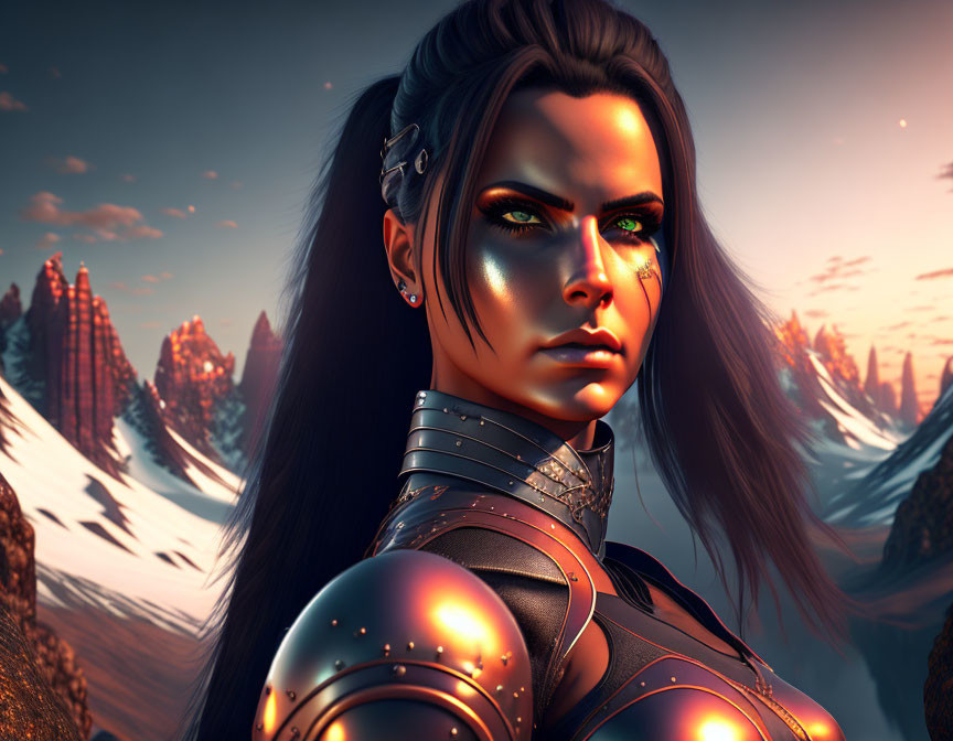 Female warrior in futuristic armor against snowy mountains and fiery sunset.