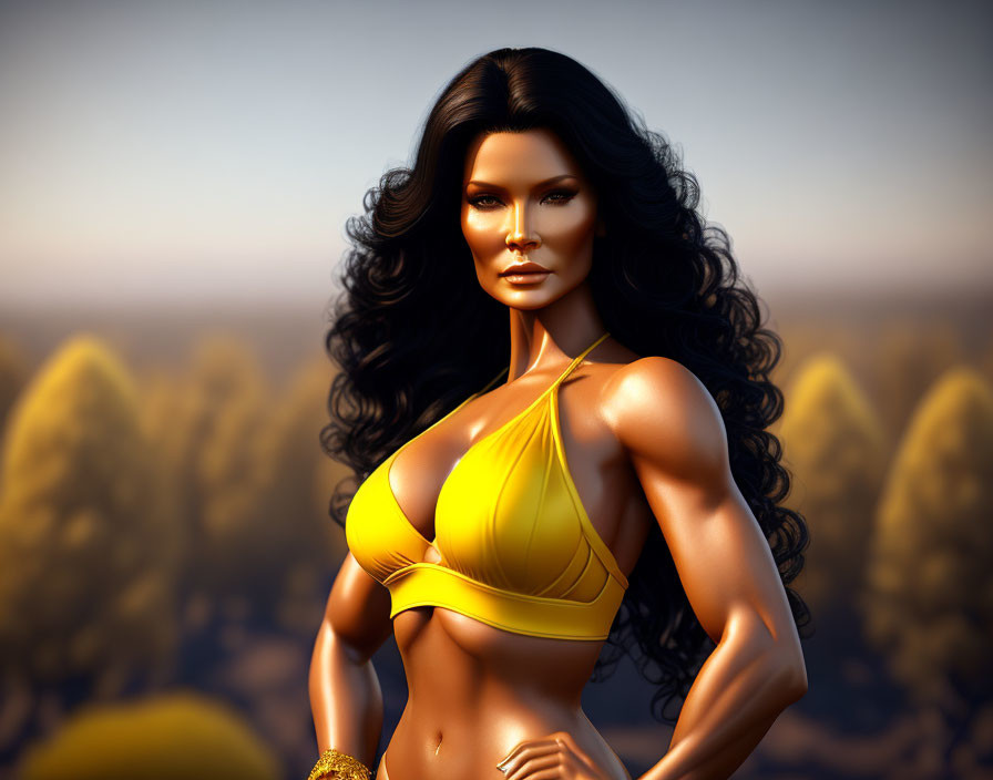 Woman in yellow bikini with long black hair in 3D render