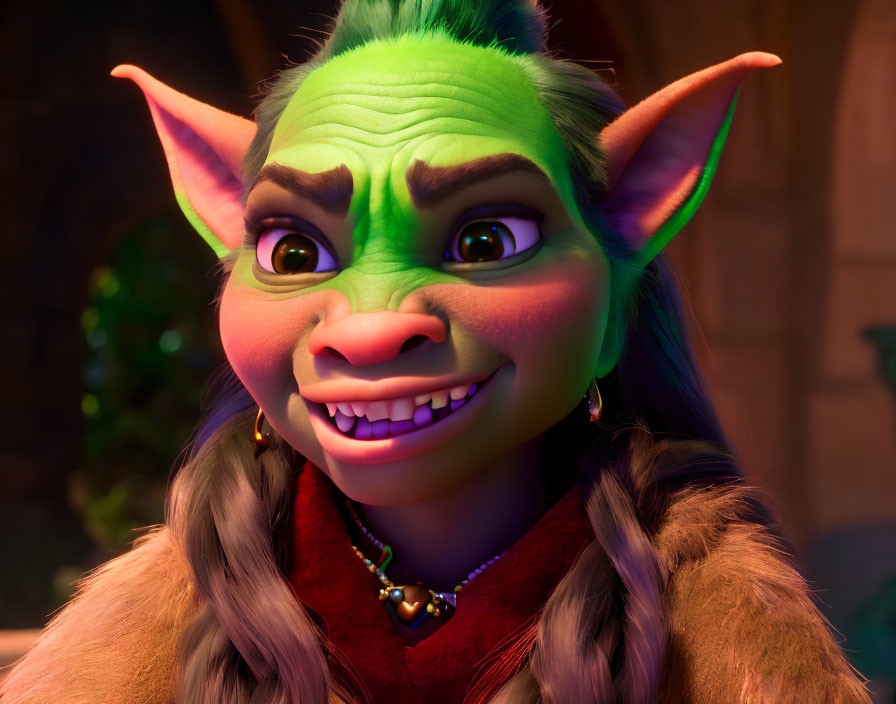 Green-skinned 3D character with pointed ears and red garment smiling warmly