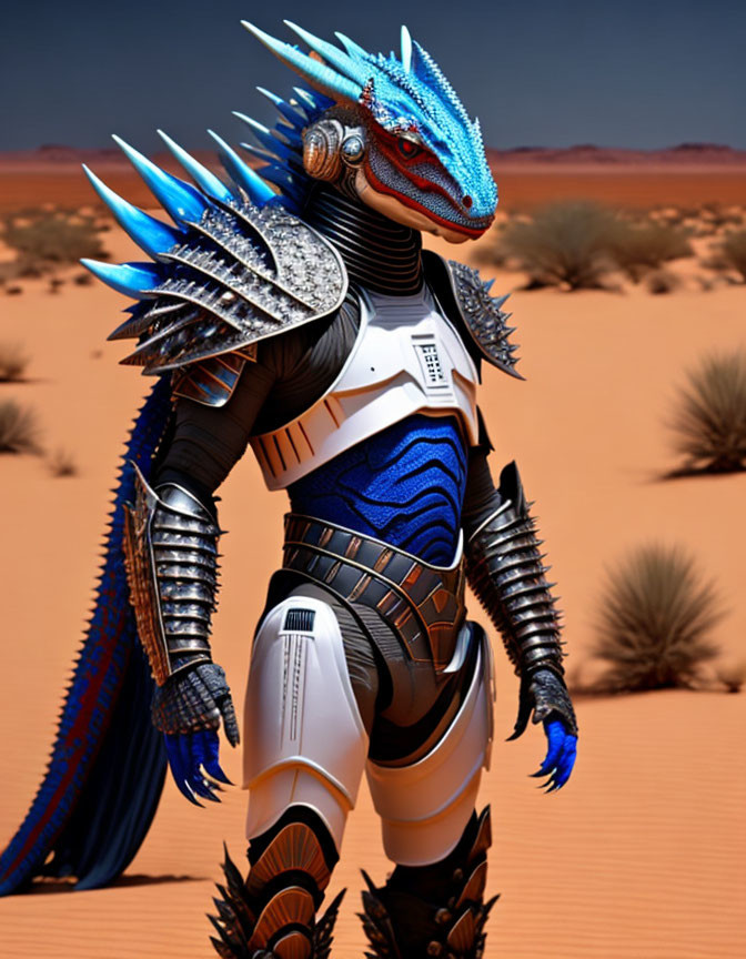 Anthropomorphic creature in futuristic armor in desert landscape