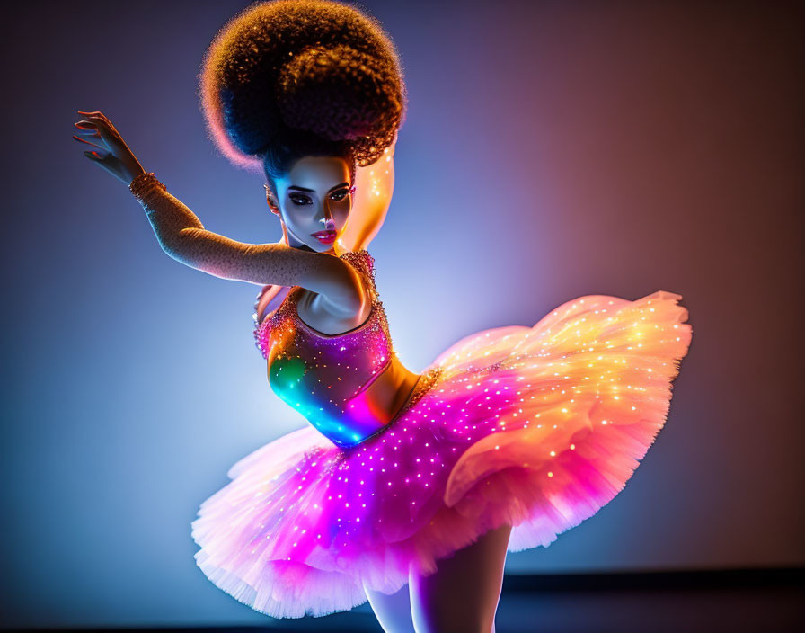 Afro-Haired Doll in Colorful Tutu Ballet Pose on Dark Blue Background