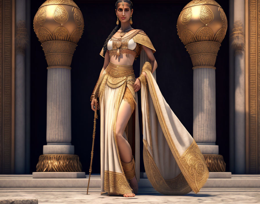 Ancient Egyptian-inspired woman in ornate attire with staff, 3D rendering