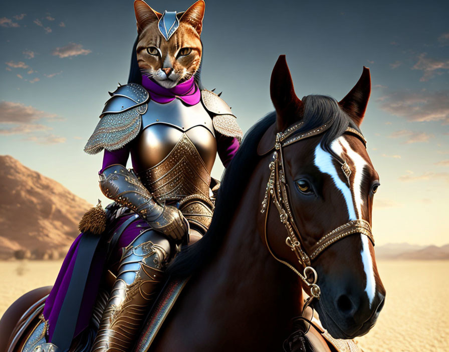 Cat in knight armor riding horse in desert landscape