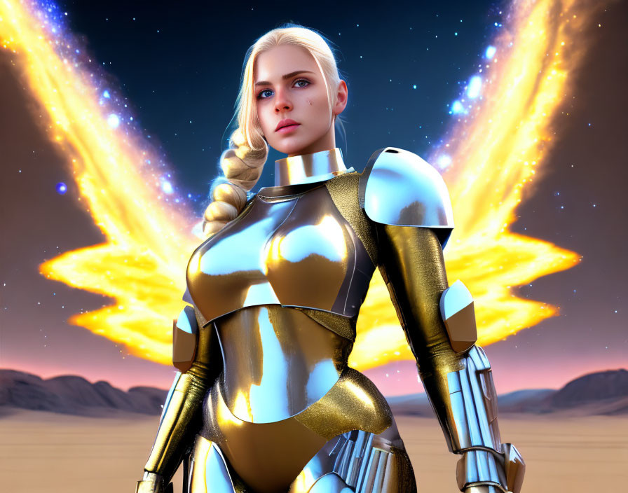 Futuristic female warrior in shining armor amid fiery desert explosions