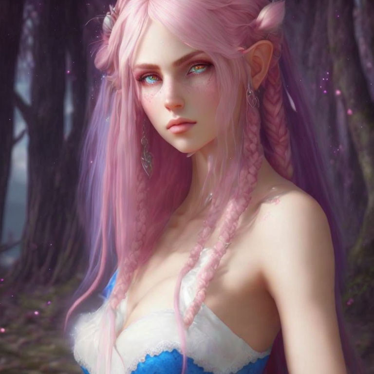 Fantasy elf with pink hair in mystical forest with blue eyes