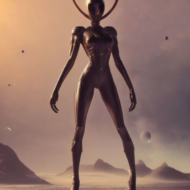 Humanoid Alien in Sleek Body Armor on Alien Landscape with Planetary Sky