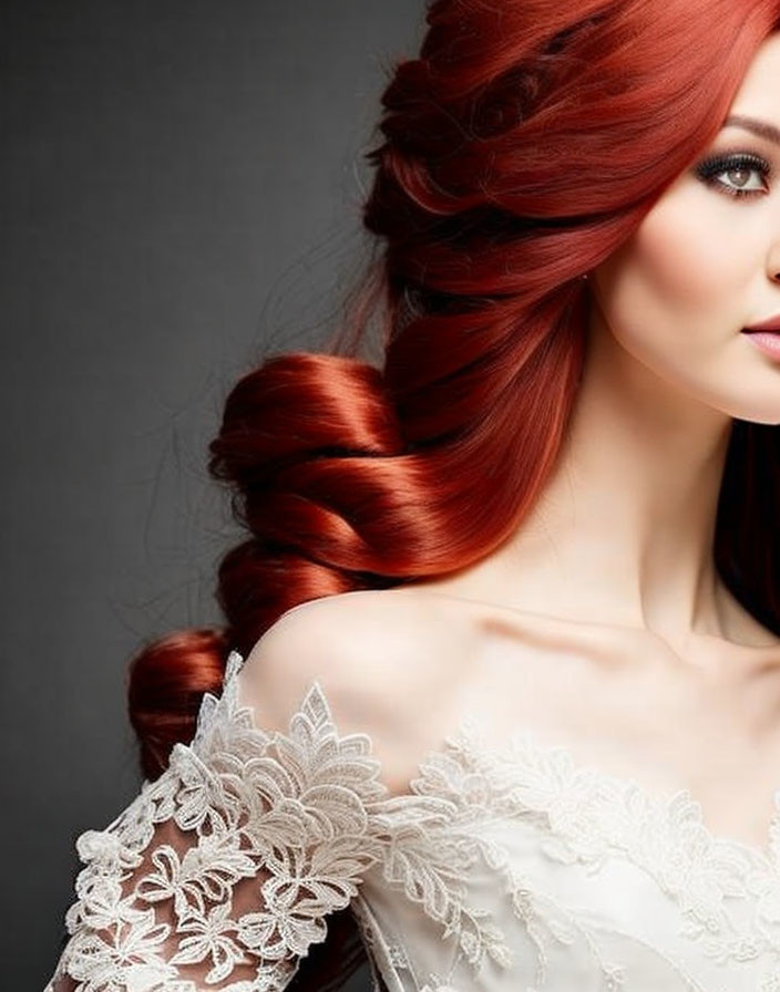 Red-haired woman in elegant side braid, wearing white lace dress with intricate shoulder design.