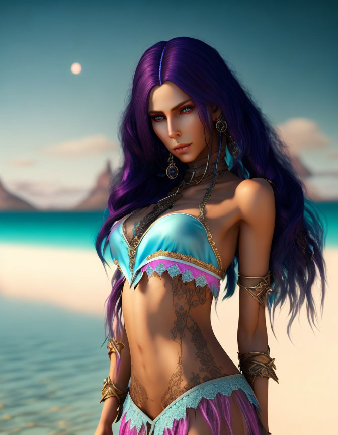 3D-rendered female figure with violet hair and striking eyes in desert landscape