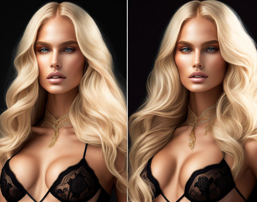 Comparison of Blonde Woman in Black Lace Lingerie Images