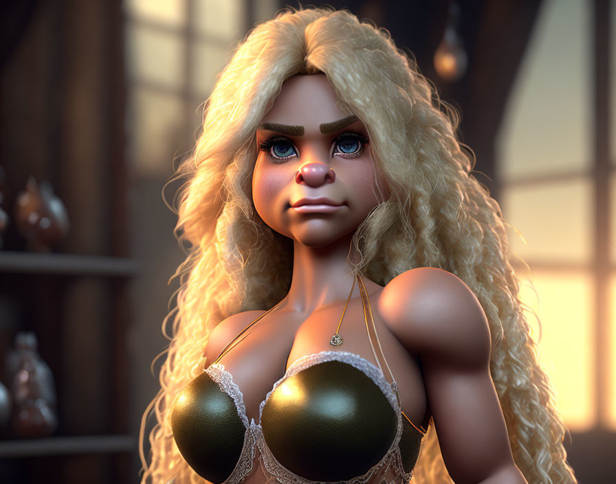 Stylized 3D illustration of determined female character with golden curly hair and exaggerated features