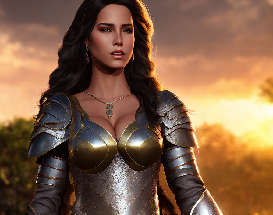 Digital illustration: Woman in fantasy armor, dark hair, sunset sky