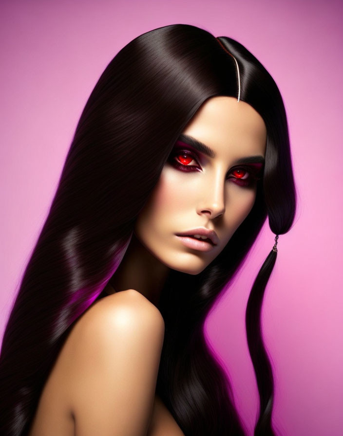 Woman with Long Dark Hair and Red Eyeshadow on Pink Background