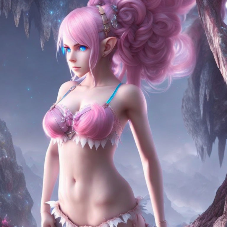 3D illustration of female character with pink hair and blue eyes in fantasy attire against mystical landscape