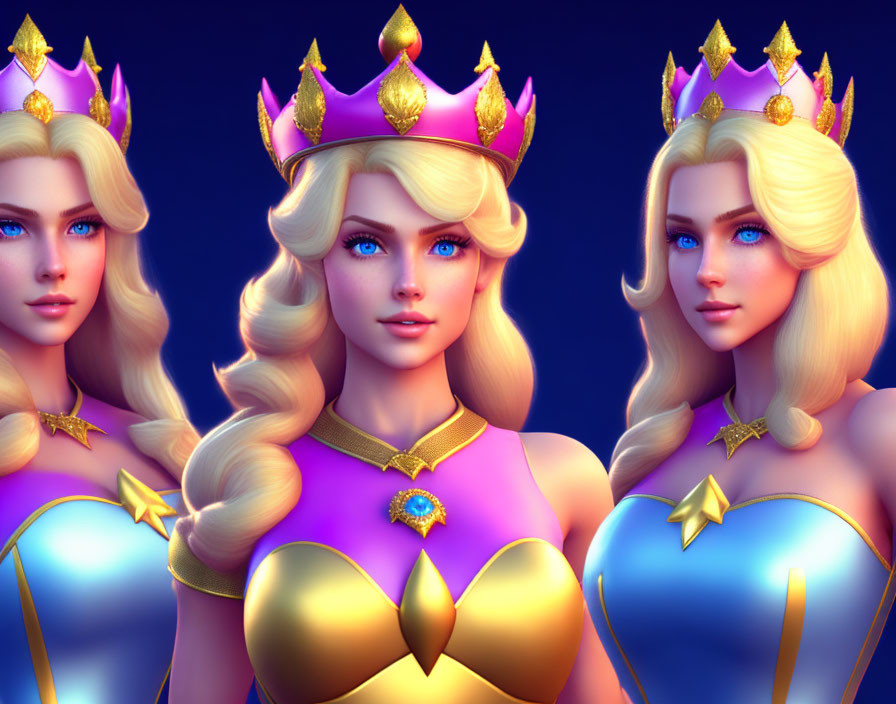 Animated princesses with blue eyes and blonde hair in golden crowns and blue dresses on dark blue backdrop