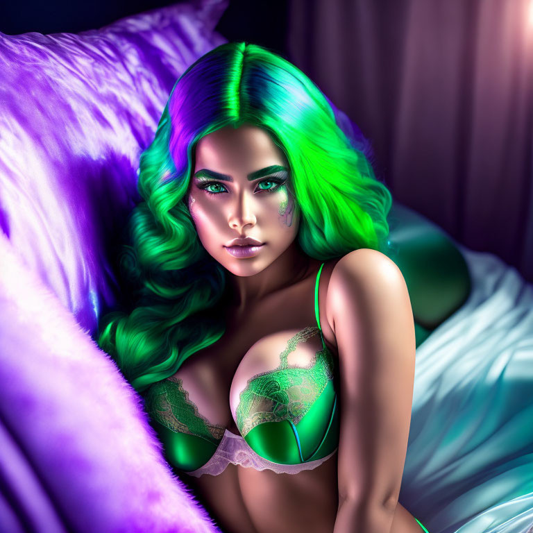 Woman with Green Hair in Green Lingerie on Purple Sheets