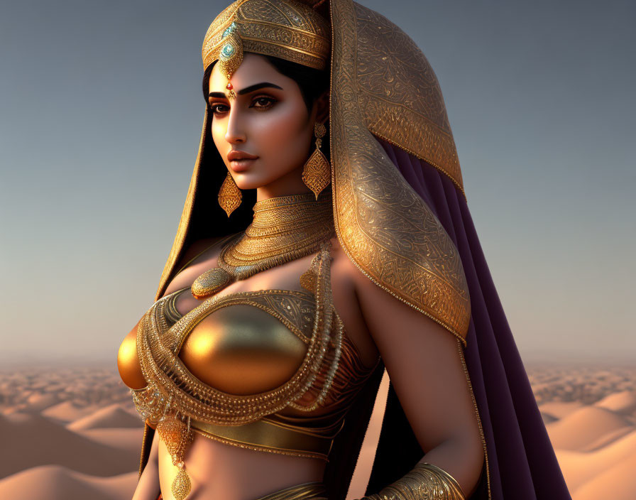 Stylized 3D Rendering: Woman in Golden Armor with Purple Fabric in Desert