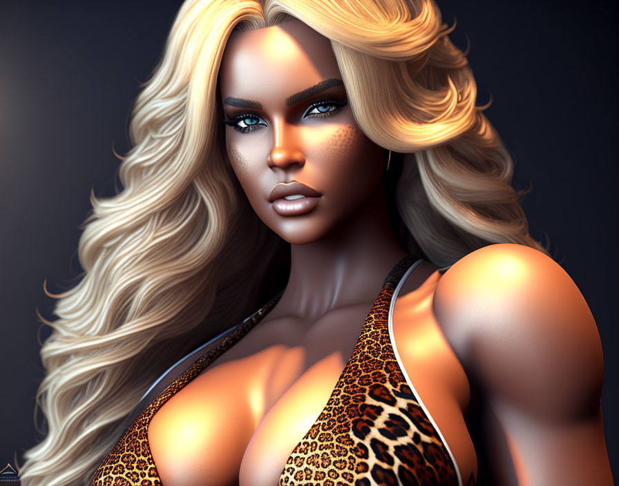 3D digital illustration of woman with blonde hair and leopard print top