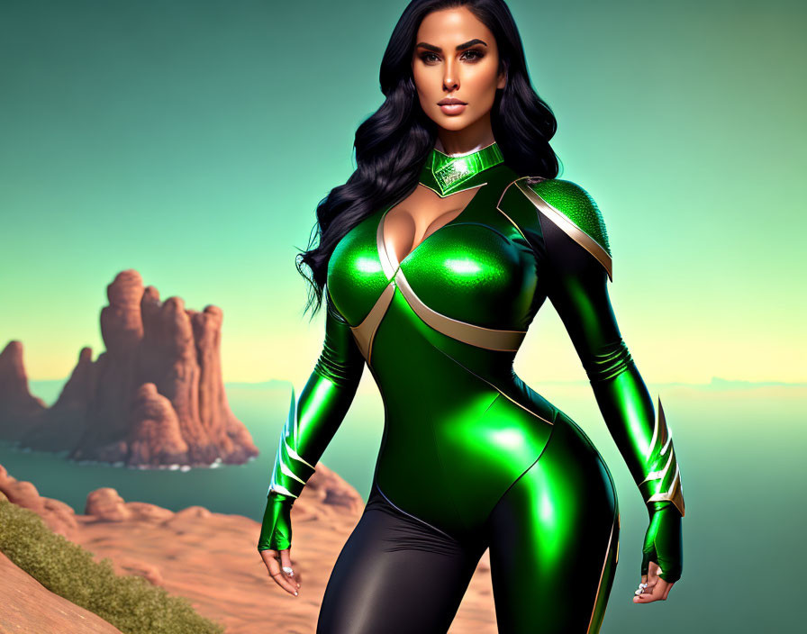 Futuristic woman in green and black bodysuit against desert mesas