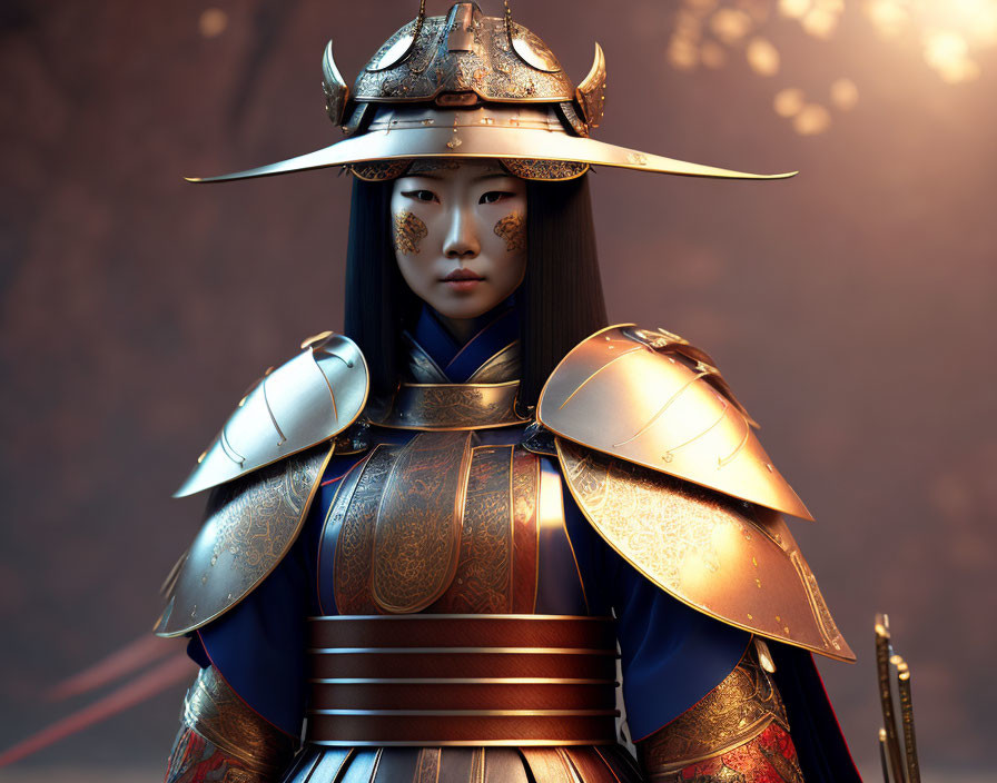 Portrait of Woman in Traditional Japanese Samurai Armor on Warm Background